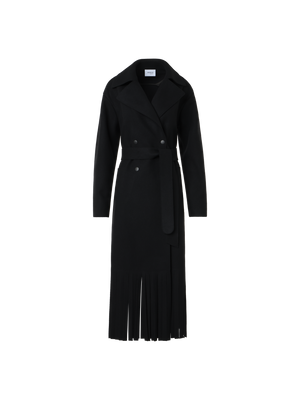 Designer Fringed Felted Wool Trench Coat - black