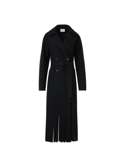 Designer Fringed Felted Wool Trench Coat - black