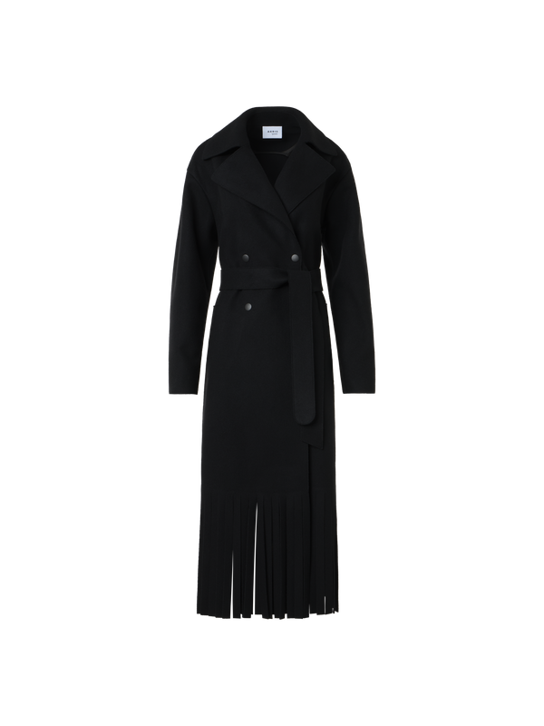 Designer Fringed Felted Wool Trench Coat - black