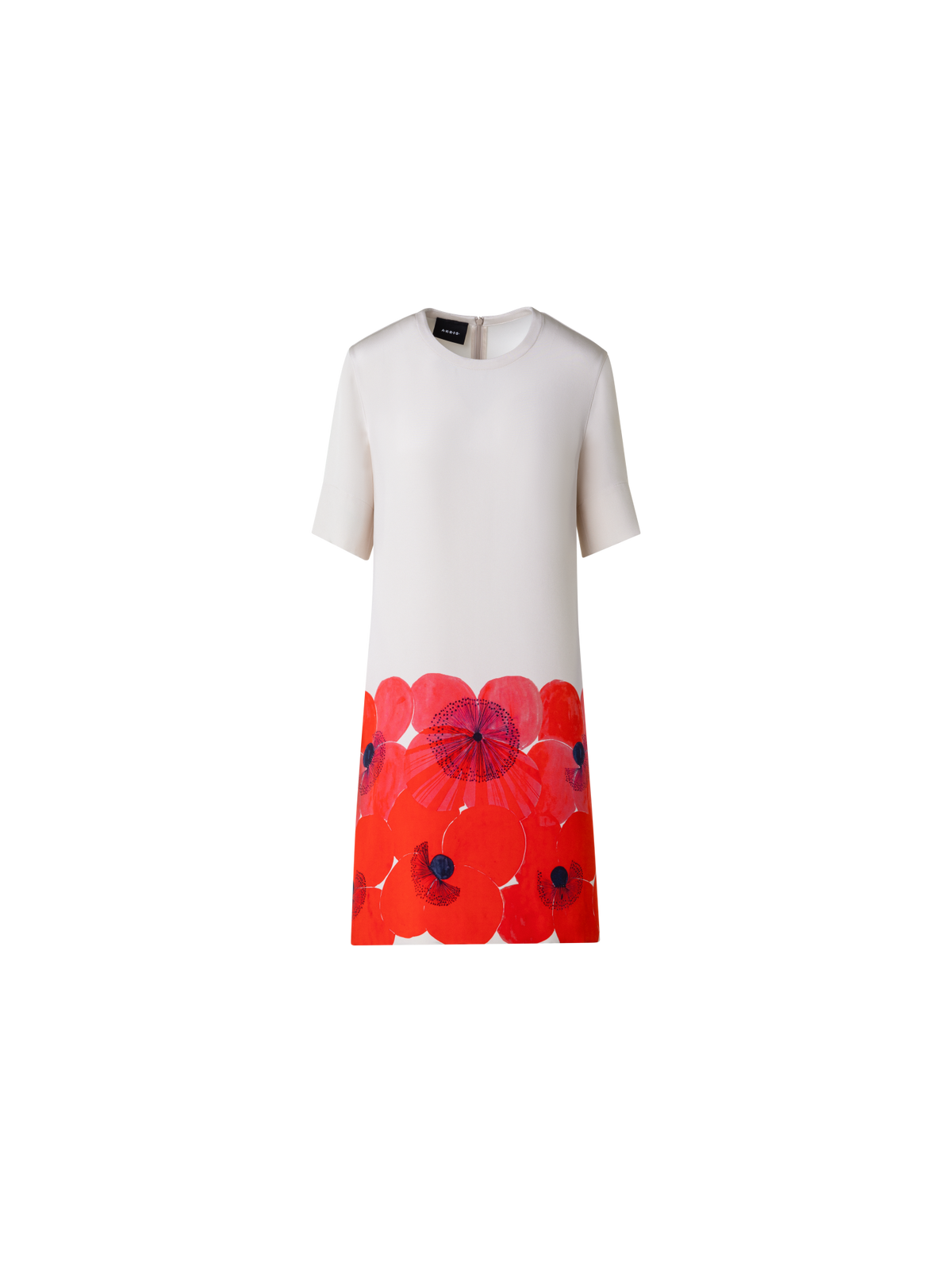 Designer Silk Crêpe Tunic Dress with Poppy Print - multicolor - red