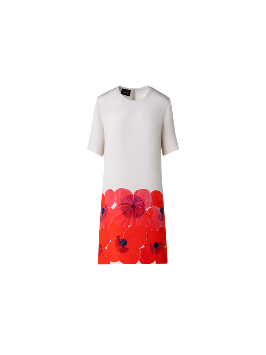 Designer Silk Crêpe Tunic Dress with Poppy Print - multicolor - red