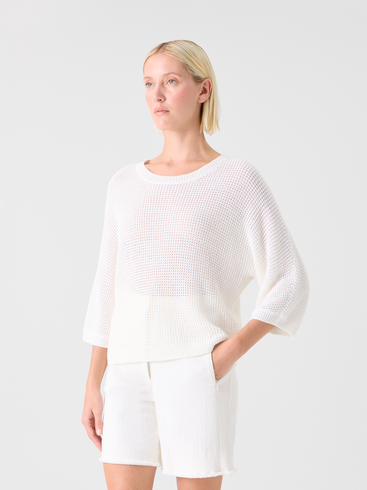Designer Relaxed Linen-Cotton Boxy Knit Sweater - white