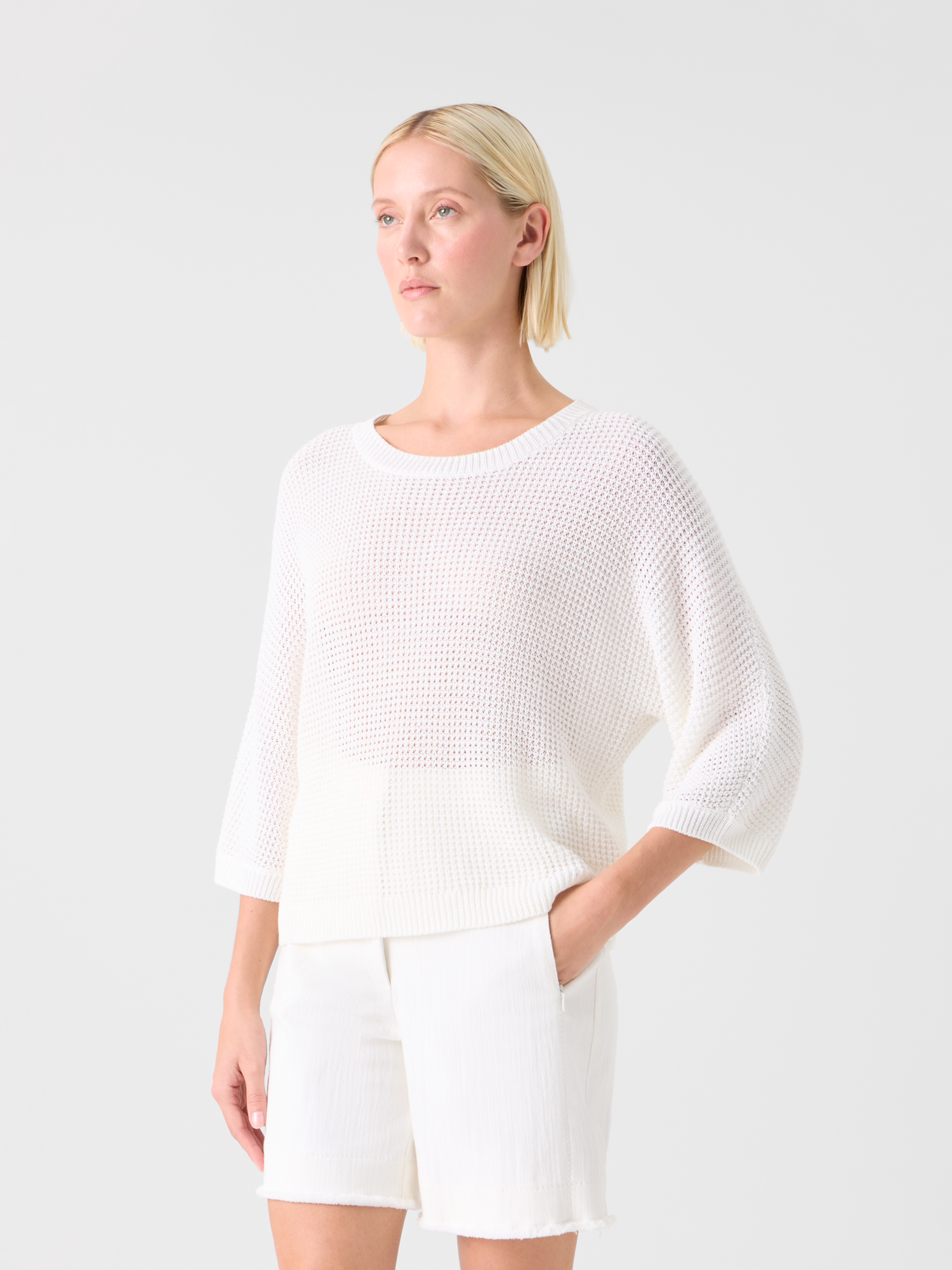 Designer Relaxed Linen-Cotton Boxy Knit Sweater - white