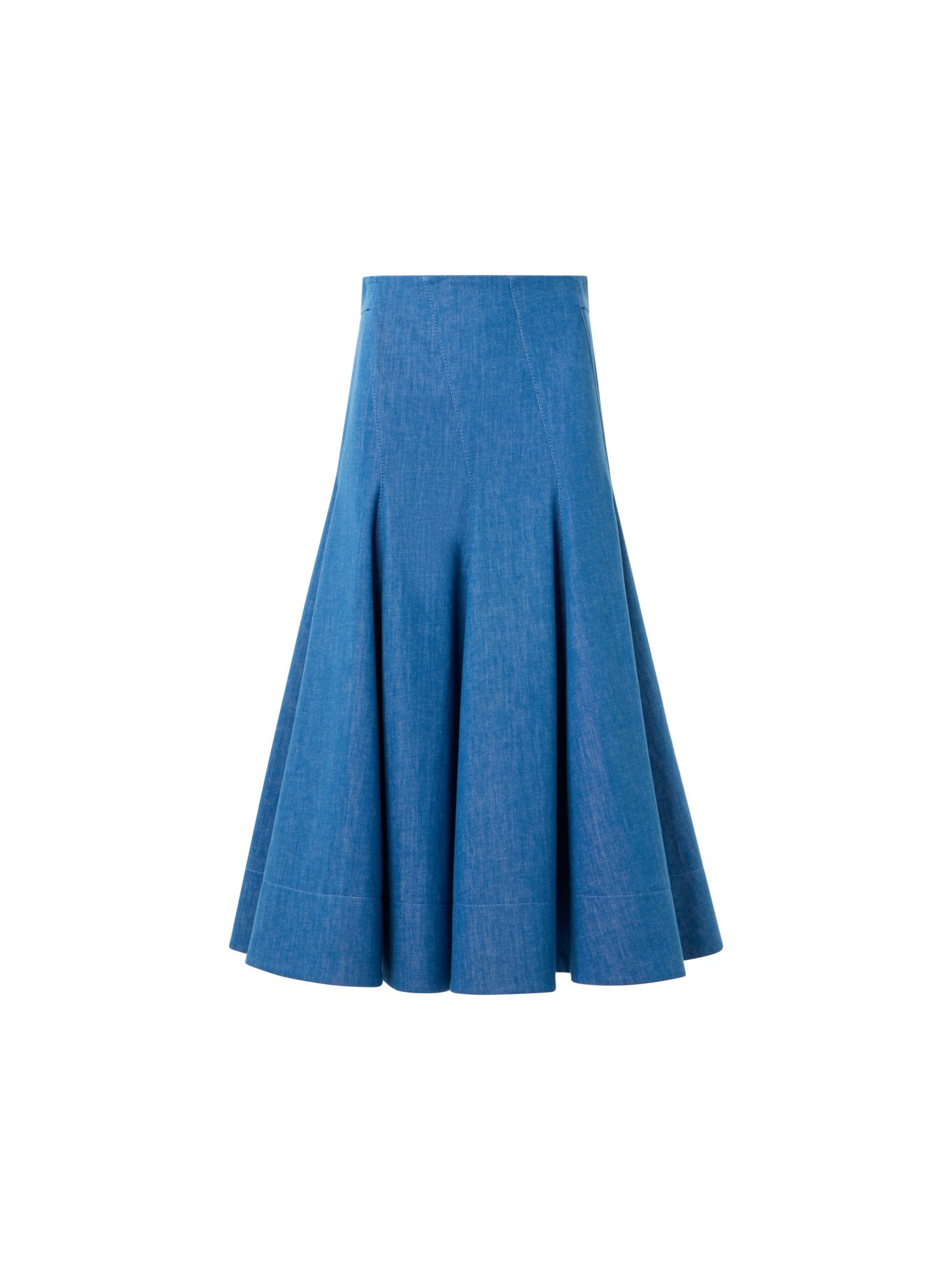 Designer Diagonal Godet Cotton Stretch Denim Midi Skirt - blue