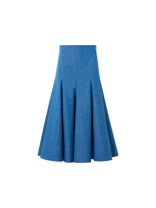 Designer Diagonal Godet Cotton Stretch Denim Midi Skirt - blue