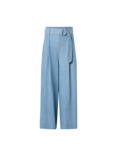 Designer Fiorella Wide Leg Pleated Culotte Denim Pants - blue