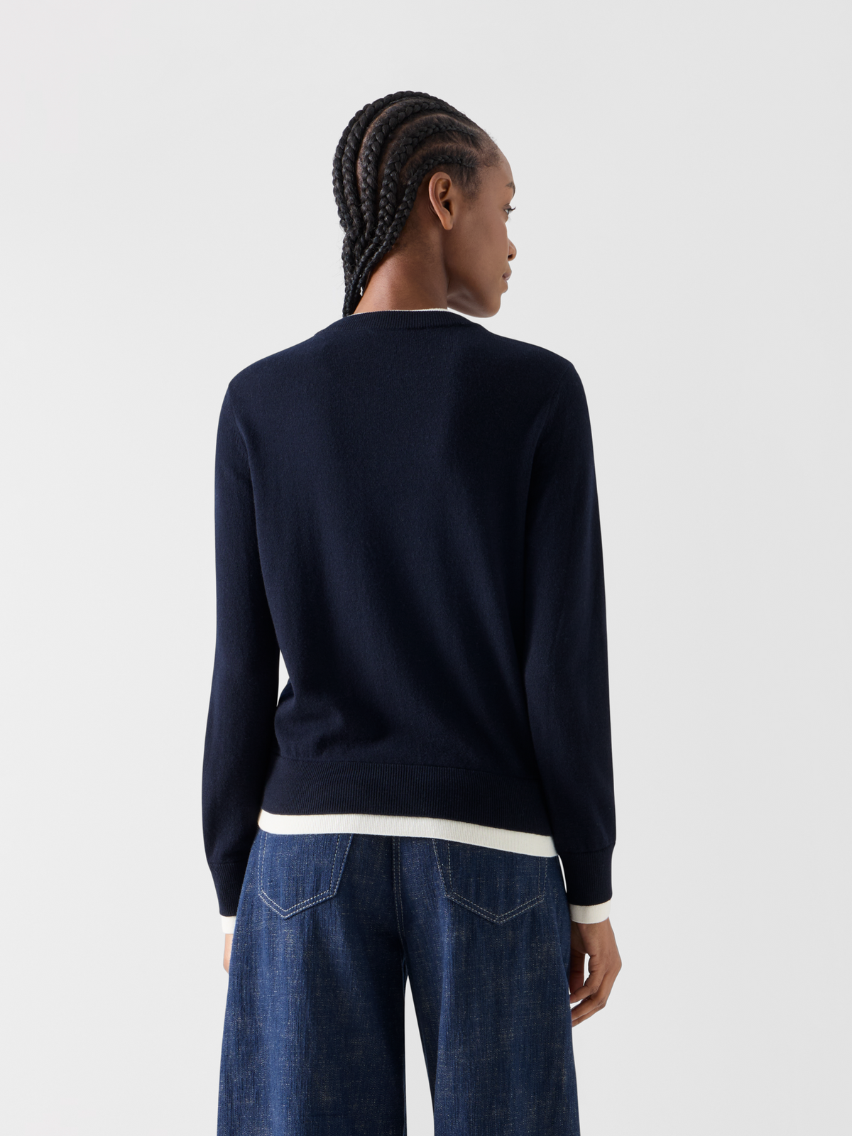 Designer Wool Cashmere Sweater with V-Neck Trompe l'Oeil - navy 