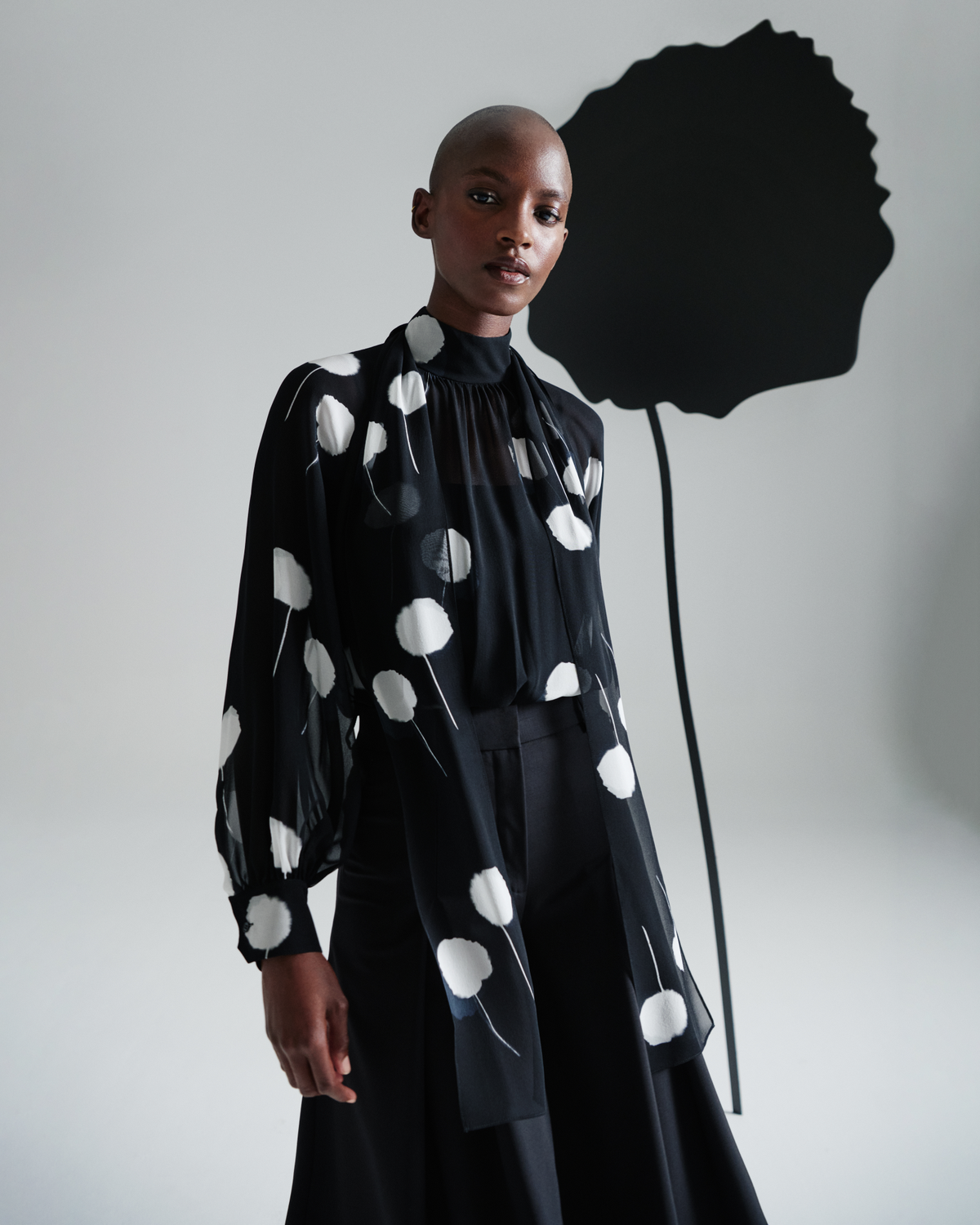 Designer Bow Tie Blouse in Silk with Dandelion Print  - black - multicolor #editorial