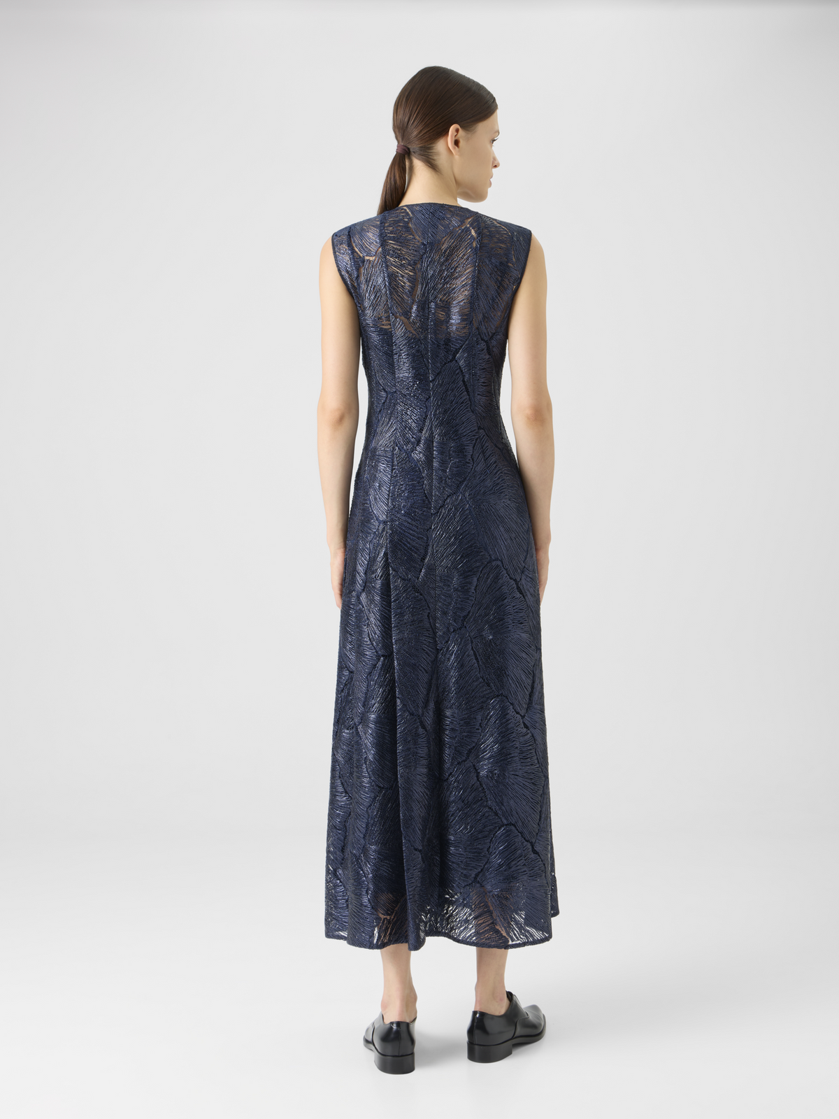 Designer Lacquered Sea Fan Lace Midi Dress - navy - blue #editorial
