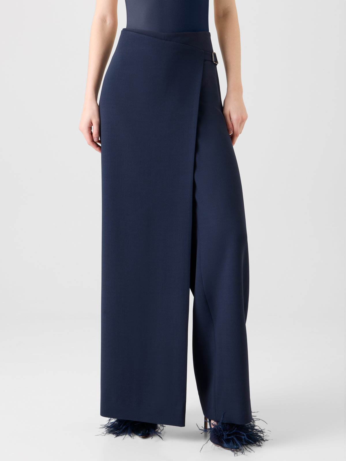 Designer Straight Wool Double-Face Pants with Apron Wrap - neutral - navy - blue #editorial