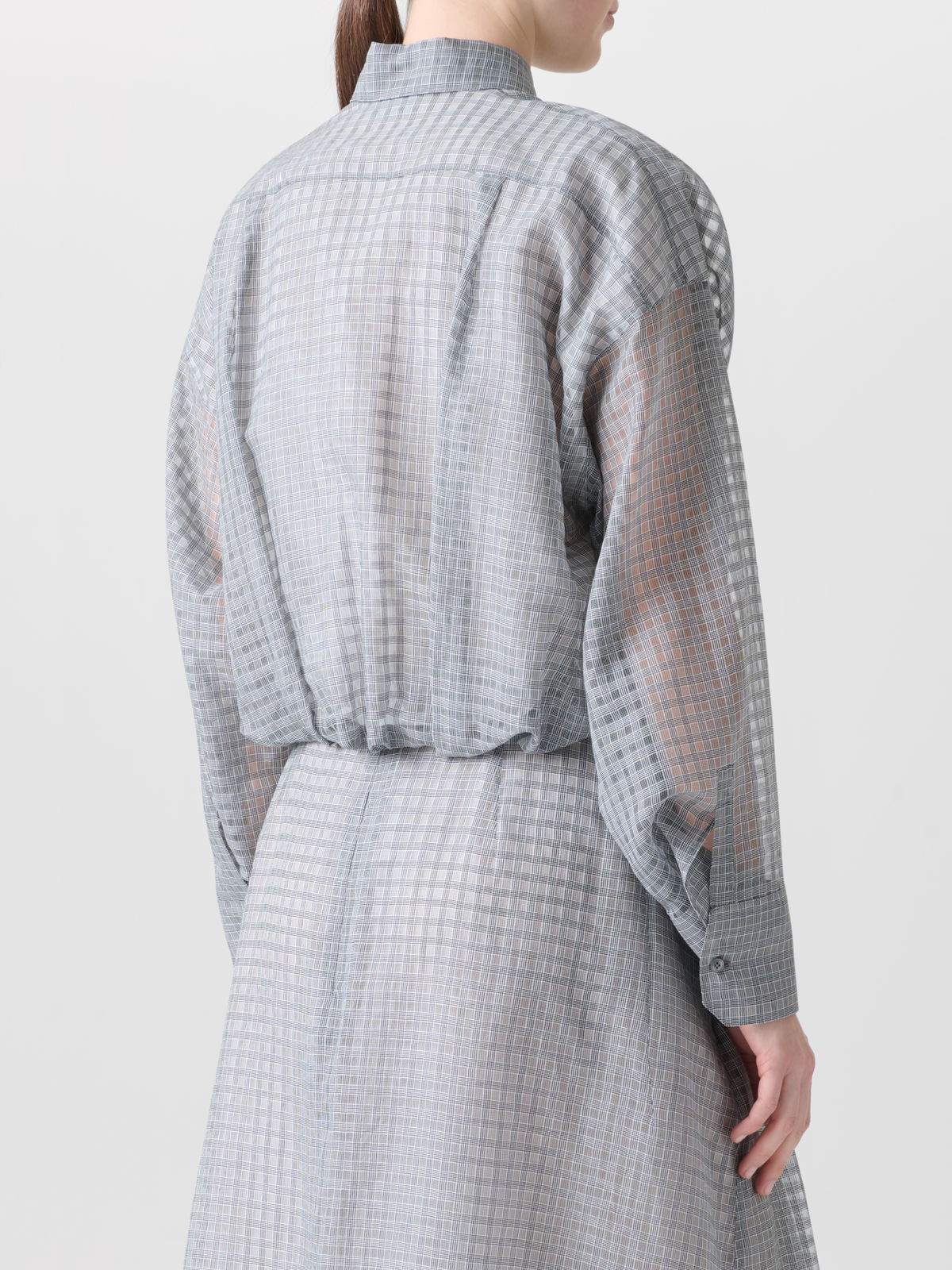 Designer Sheer Cropped Blouse with Pleated Waist - black - neutral - grey - multicolor