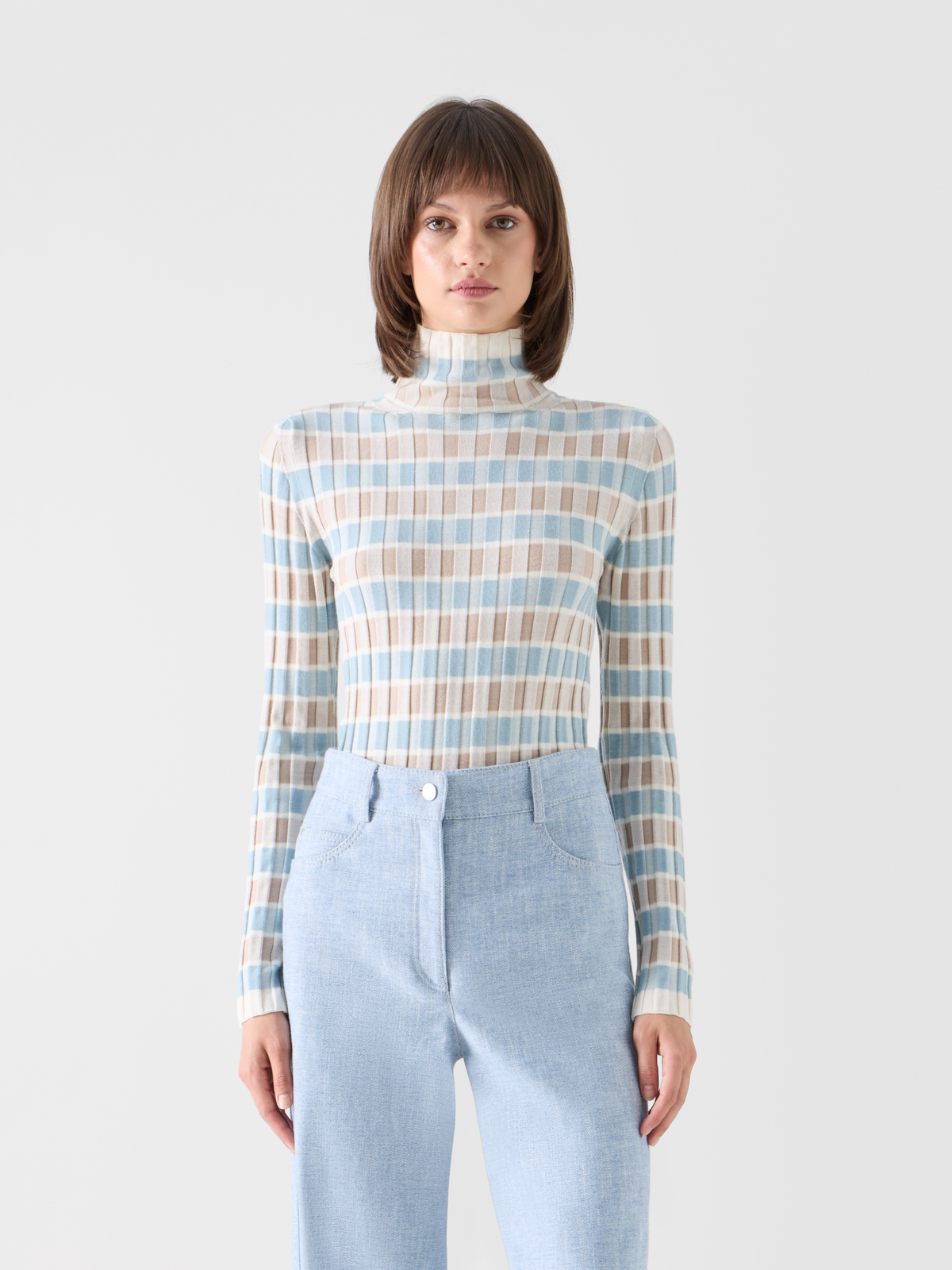 Designer Merino Wool Ribbed Sweater with Check Intarsia - multicolor #editorial