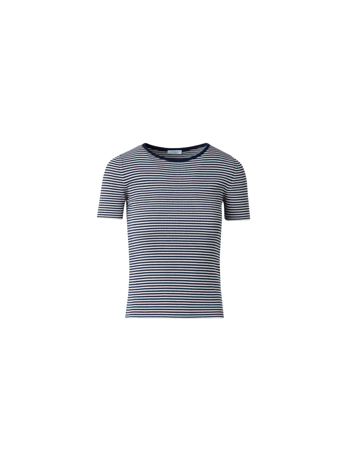 Designer Short Sleeve Sweater in Striped Virgin Wool  - navy - blue - multicolor