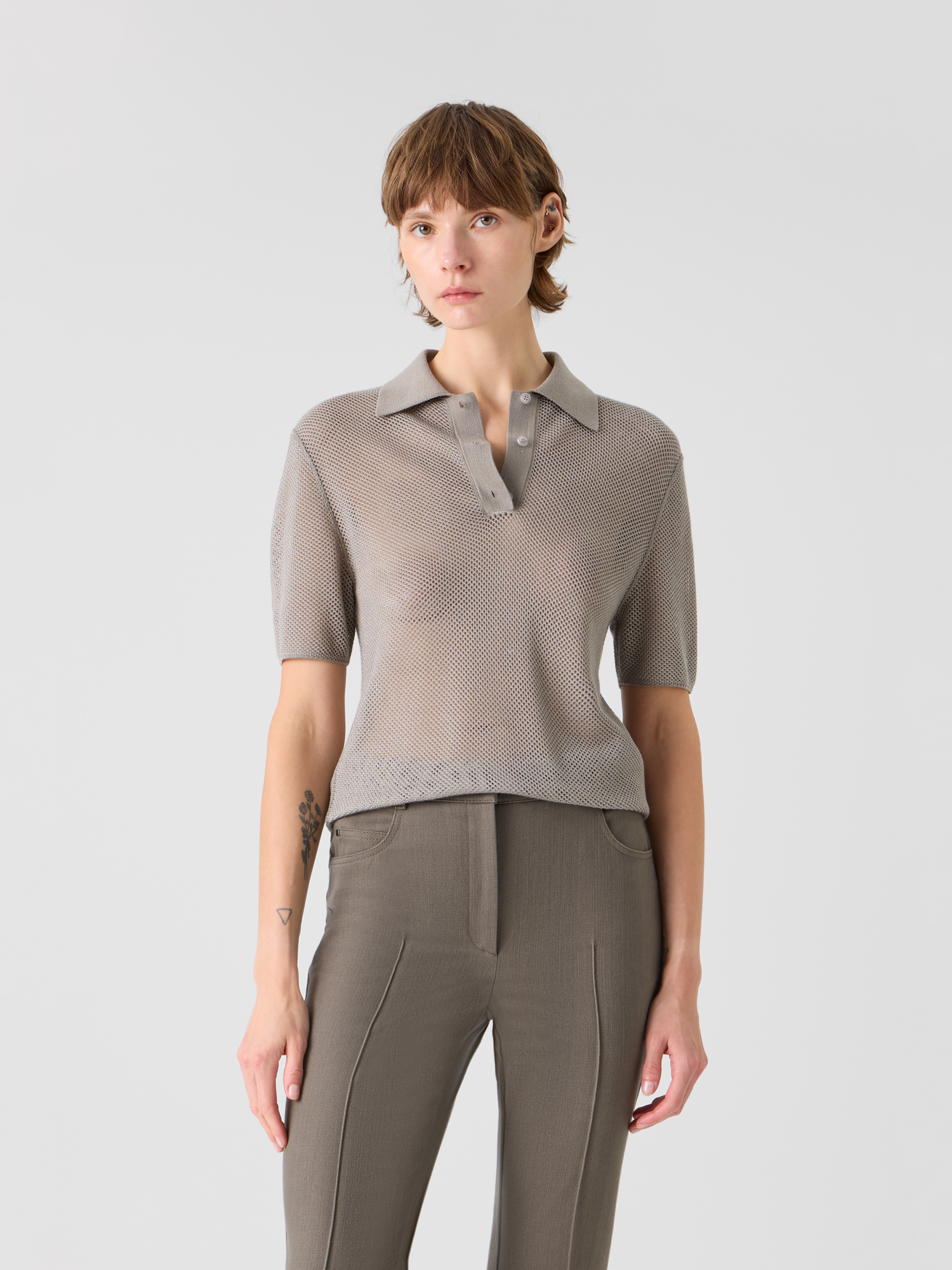 Designer Relaxed Fit Two Tone Grid Silk Polo Sweater - neutral - beige 