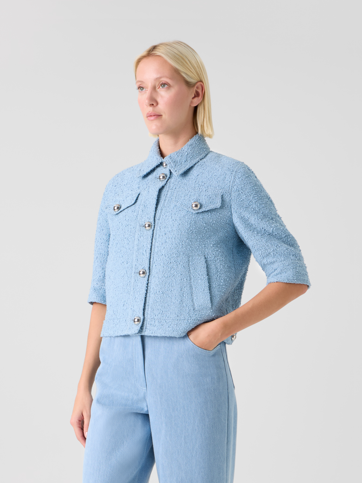 Designer Short Bouclé Cotton Summer Jacket - blue
