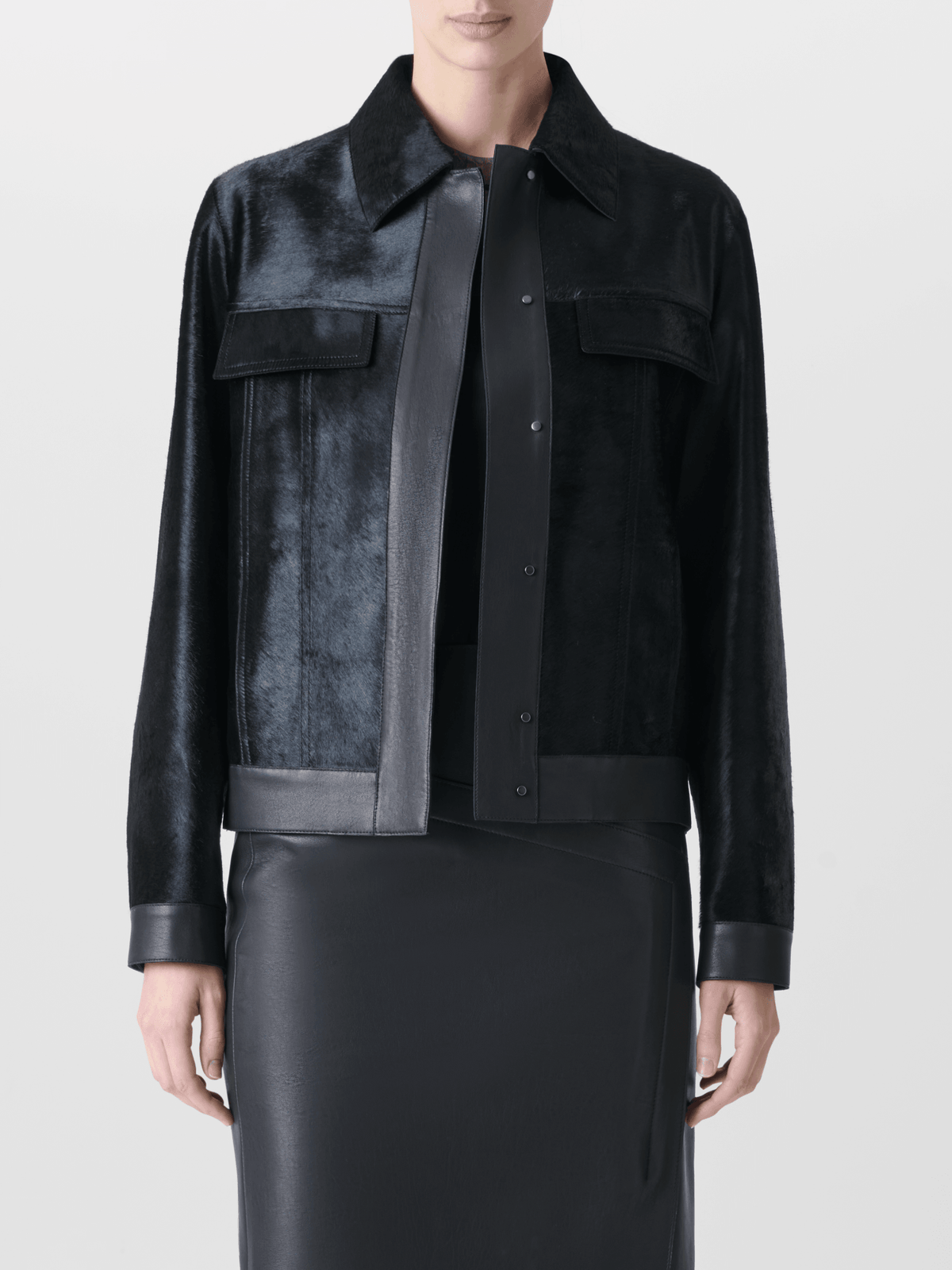 Designer Short Shearling Jacket with Leather Trim - black - neutral #editorial