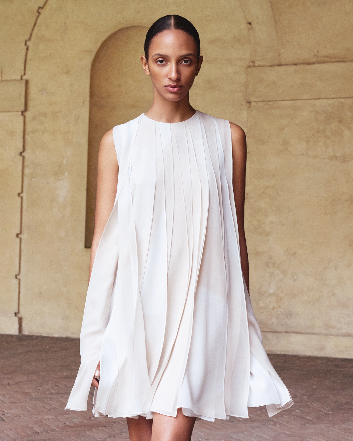 Designer Silk Ribbon Mini Dress with Chiaroscuro Print - neutral - pastel - beige #editorial