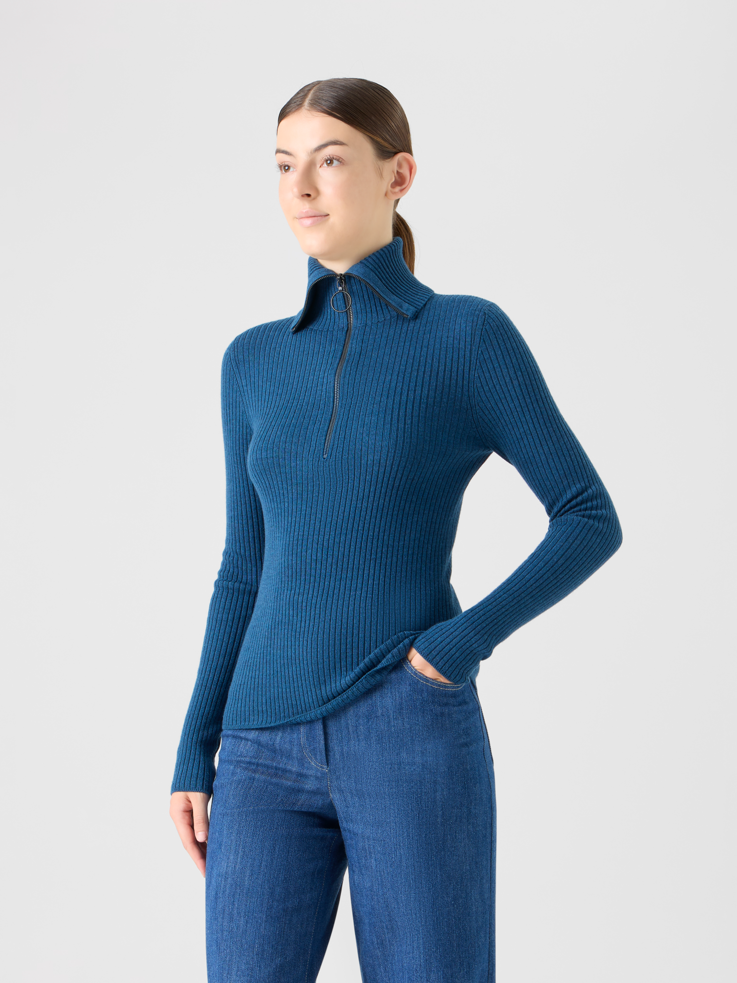 Designer Sailor Collar Merino Wool Rib Half-Zip Sweater - blue 