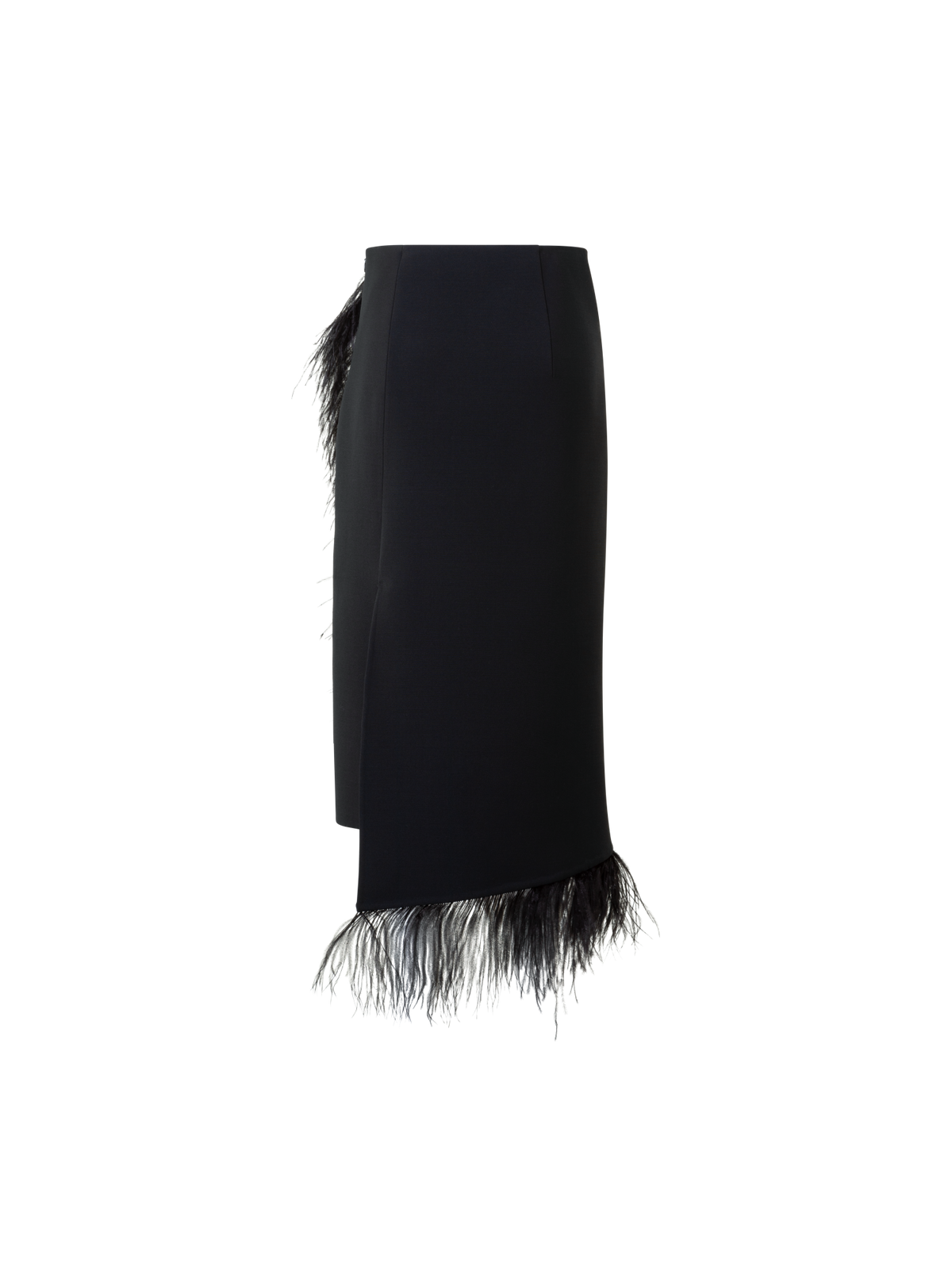 Designer Asymmetrical Wool Midi Skirt with Feather Trim - black - neutral