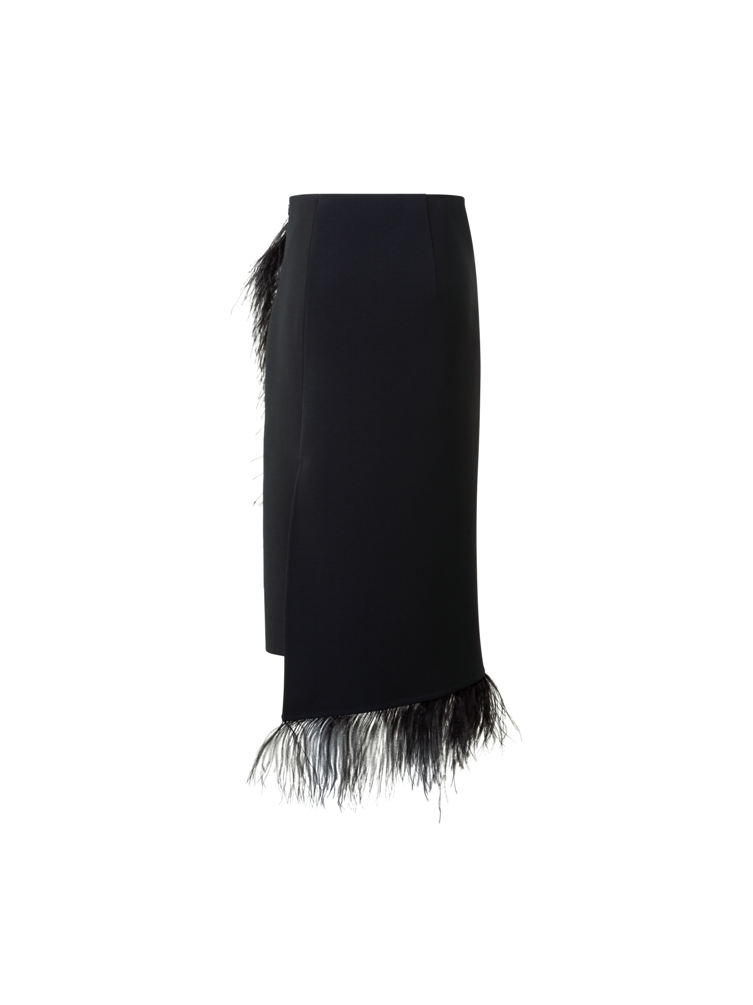 Designer Asymmetrical Wool Midi Skirt with Feather Trim - black - neutral