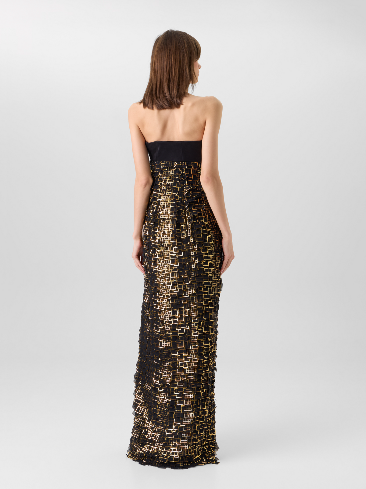 Designer Bustier Gown in Golden Frame Organza Tiles - gold - black 