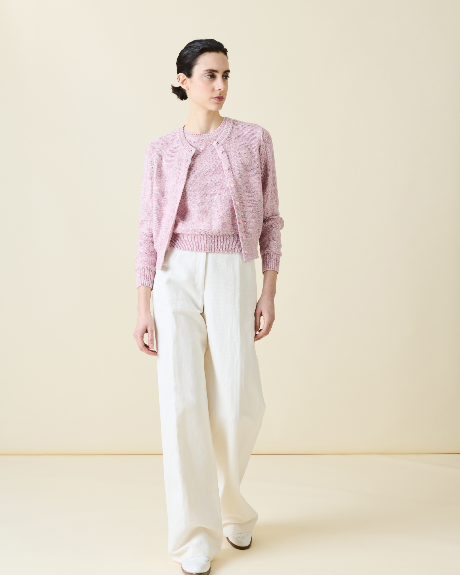 Designer Sleeveless Linen Cotton Knit Top with Sequins - pastel - pink 