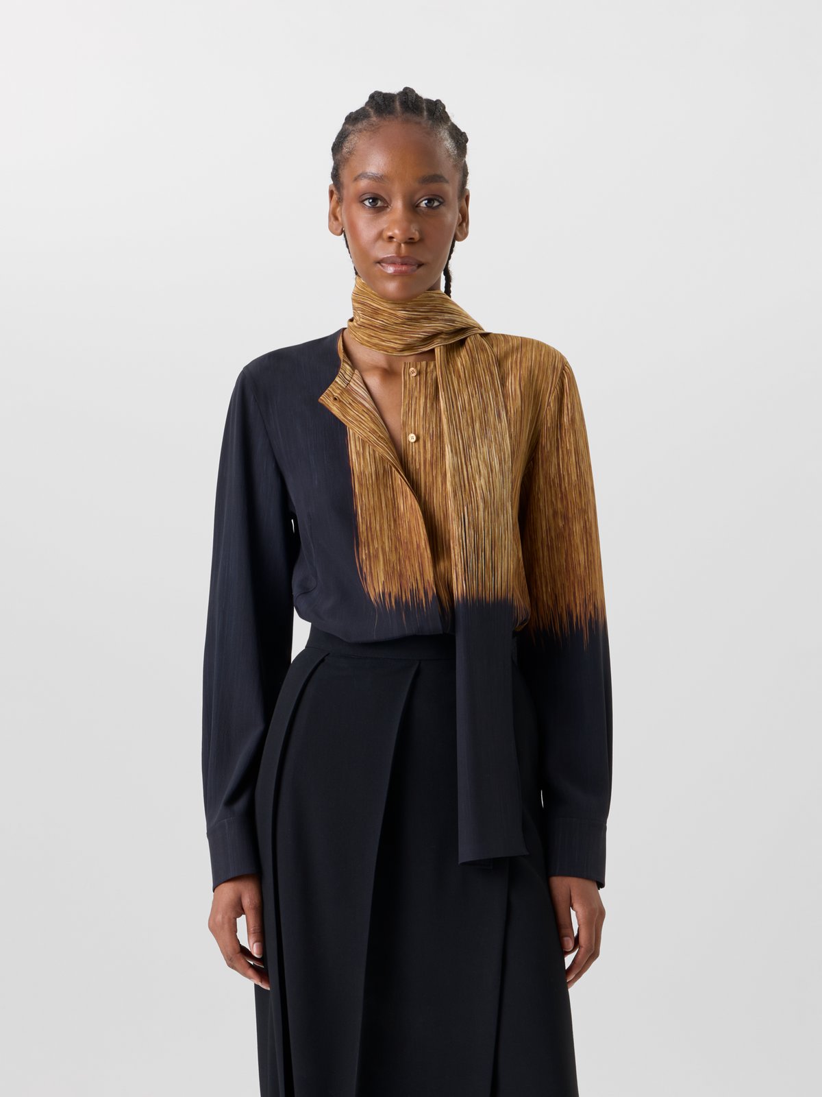 Designer Silk Blouse in Oro Lienzo Print with Scarf - brown - black - multicolor #editorial