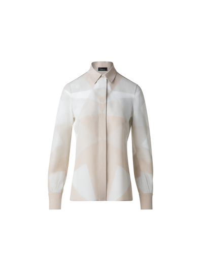 Designer Silk Blouse with Chiaroscuro Print - neutral - pastel - multicolor - ecru - beige - white