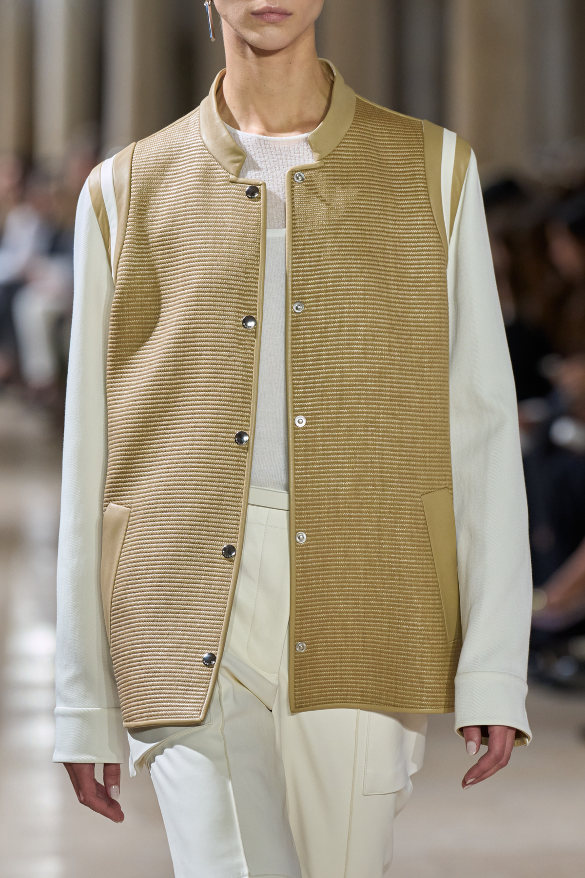 Designer Varsity Jacket in Cotton Raffia and Leather - neutral - multicolor - beige #editorial