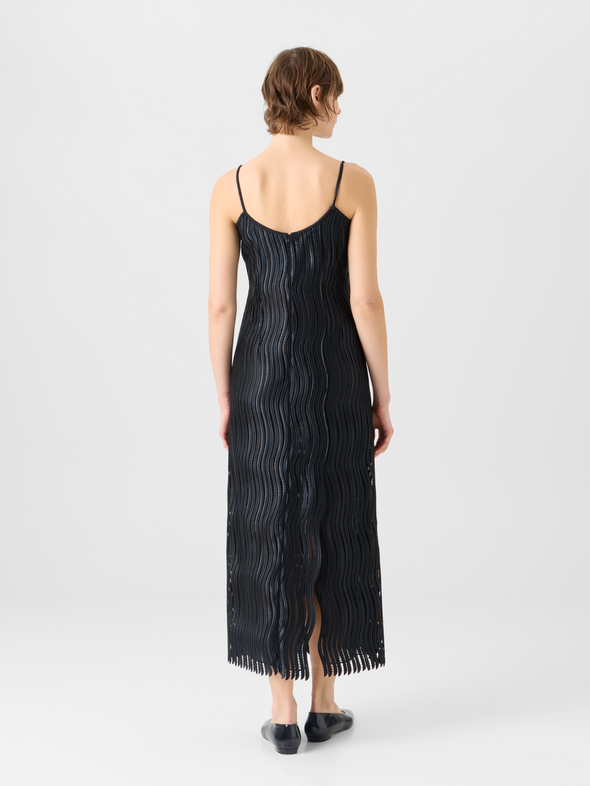 Designer Strap Midi Dress in Wave Guipure - black #editorial