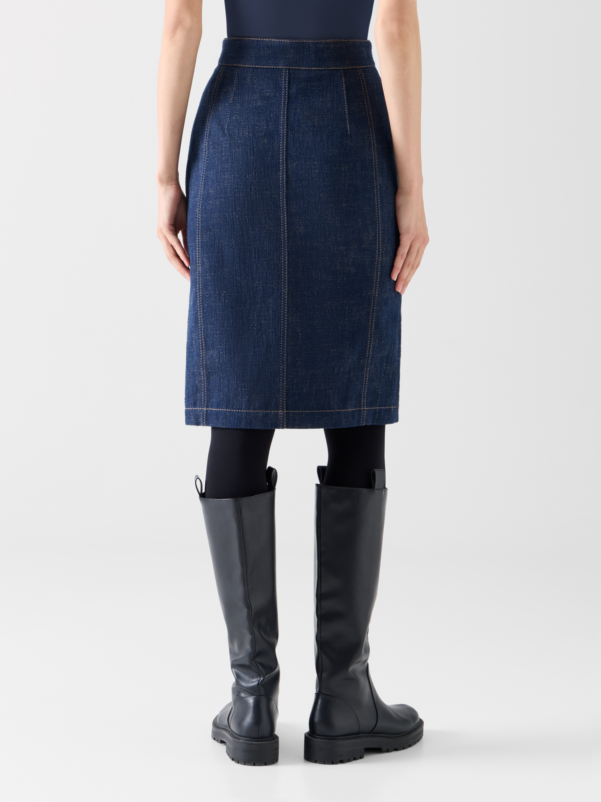 Designer High Waist Pencil Skirt in Brushed Winter Denim - navy - blue #editorial