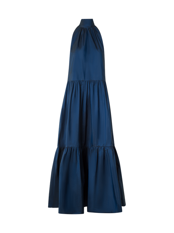 Designer Halter Maxi Dress in Tiered Techno Taffeta - neutral - navy - blue