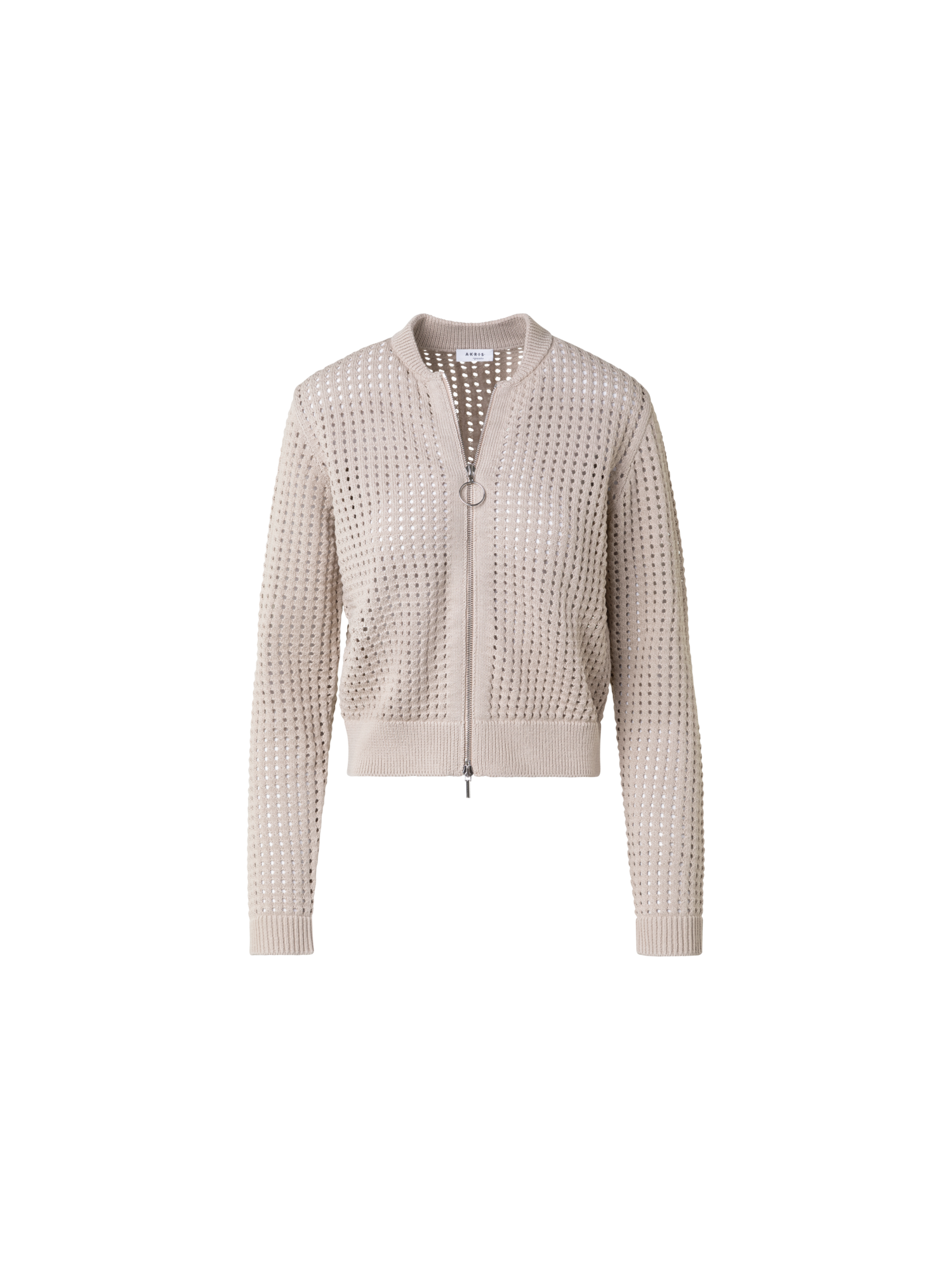 Designer Chunky Cotton Mesh Knit Bomber Cardigan - beige