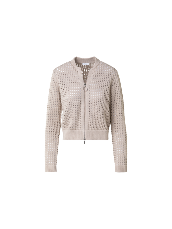 Designer Chunky Cotton Mesh Knit Bomber Cardigan - beige