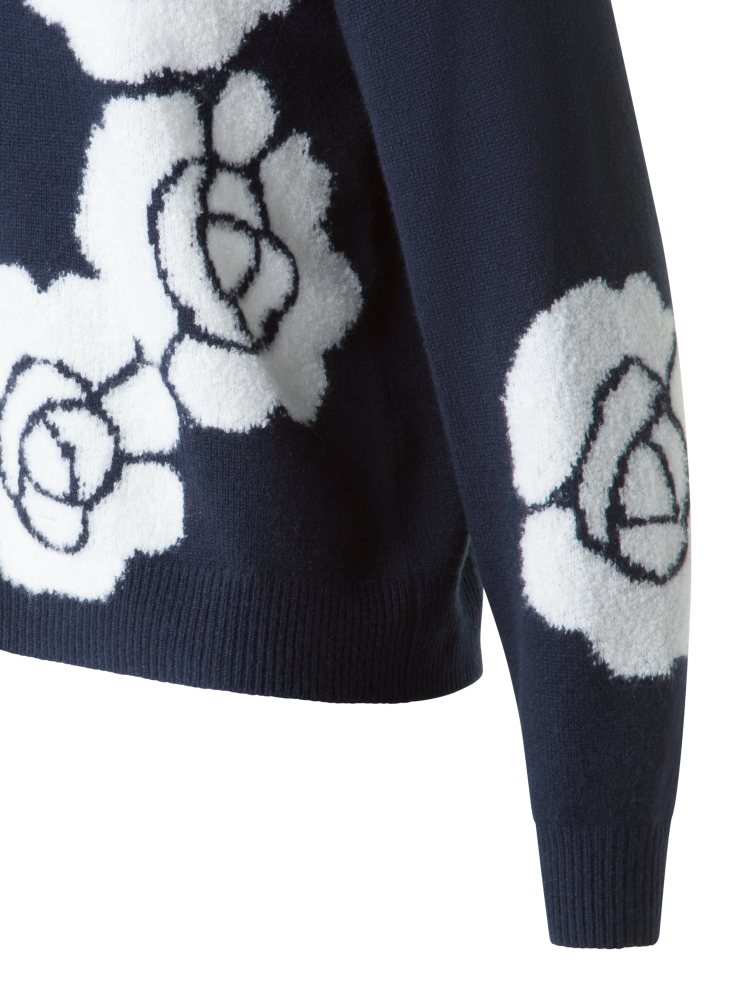 Designer Cashmere Silk Knit Sweater with Anemone Intarsia - neutral - navy - blue - multicolor