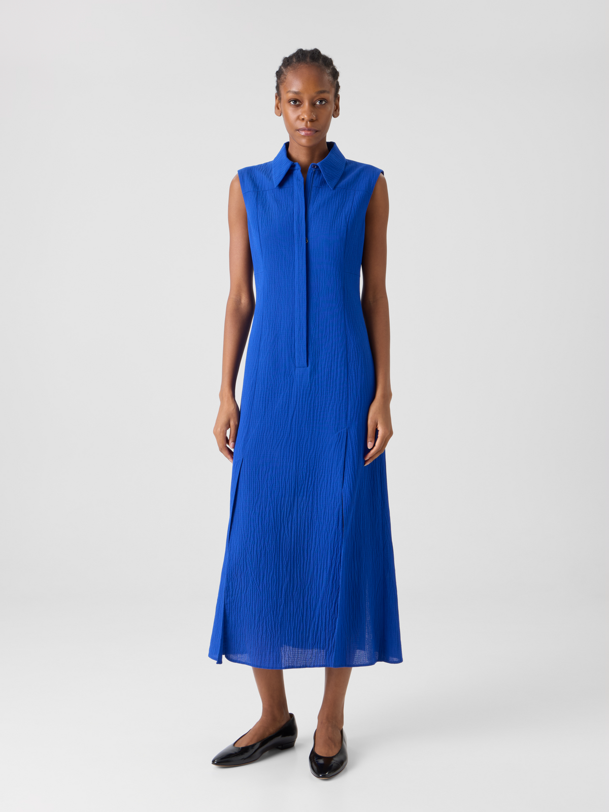 Designer Midi Shirt Dress in Structured Cotton Silk - blue #editorial
