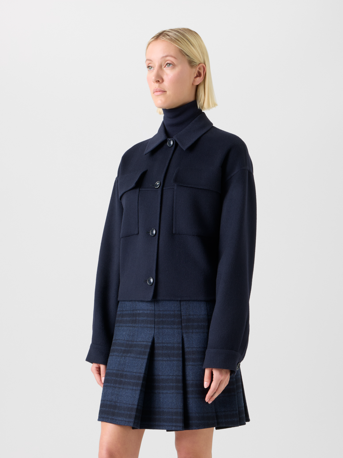 Designer Short Boxy Cashmere Double-Face Shirt Jacket - neutral - navy - blue #editorial
