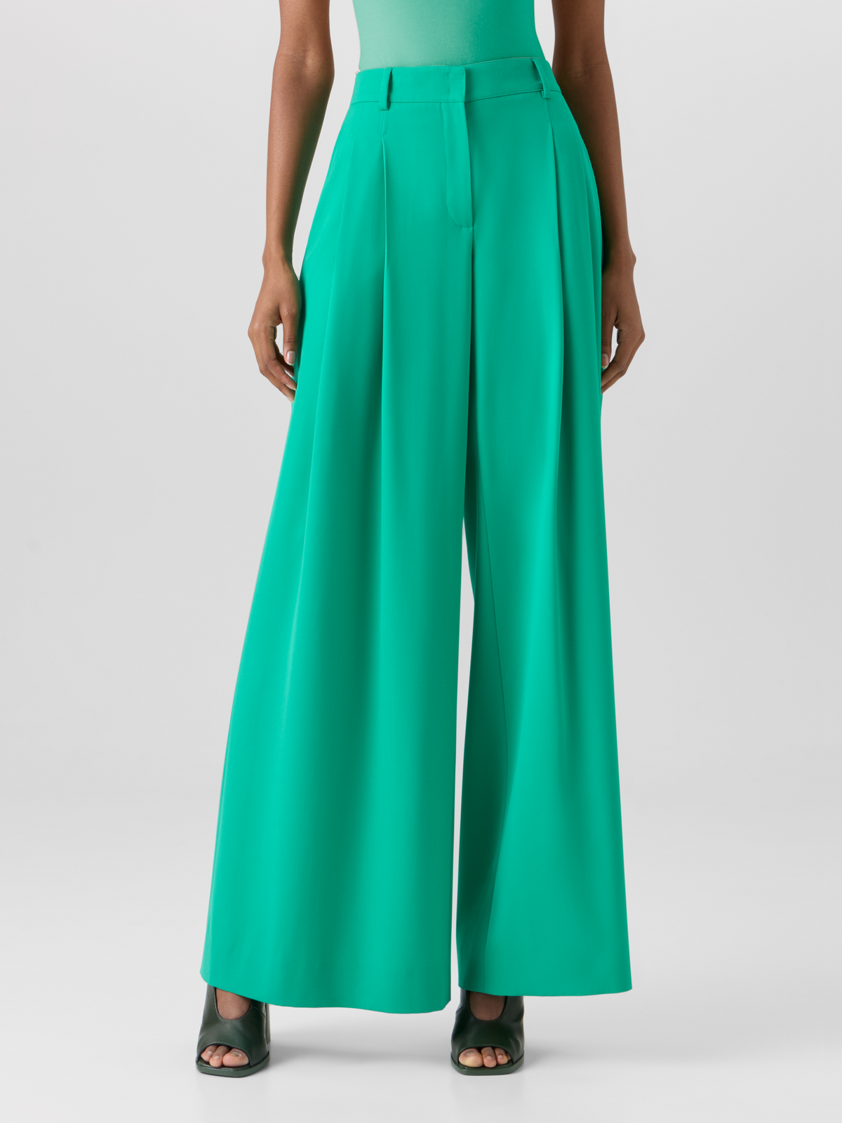 Designer Cassie Flared Wide-Leg Pants in Wool Gabardine - green #editorial