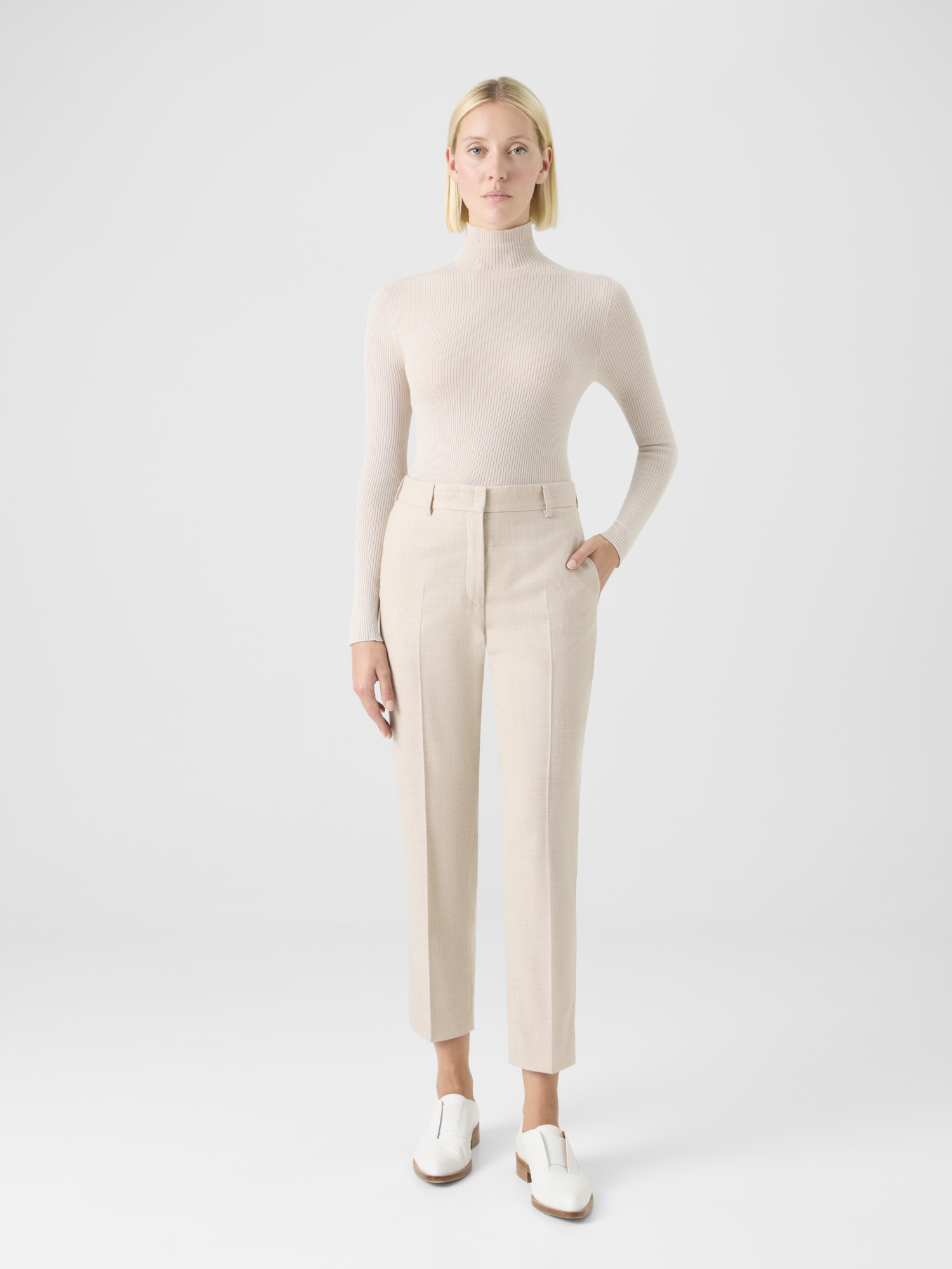 Designer Tapered Wool Stretch Flannel Ankle Pants - beige 