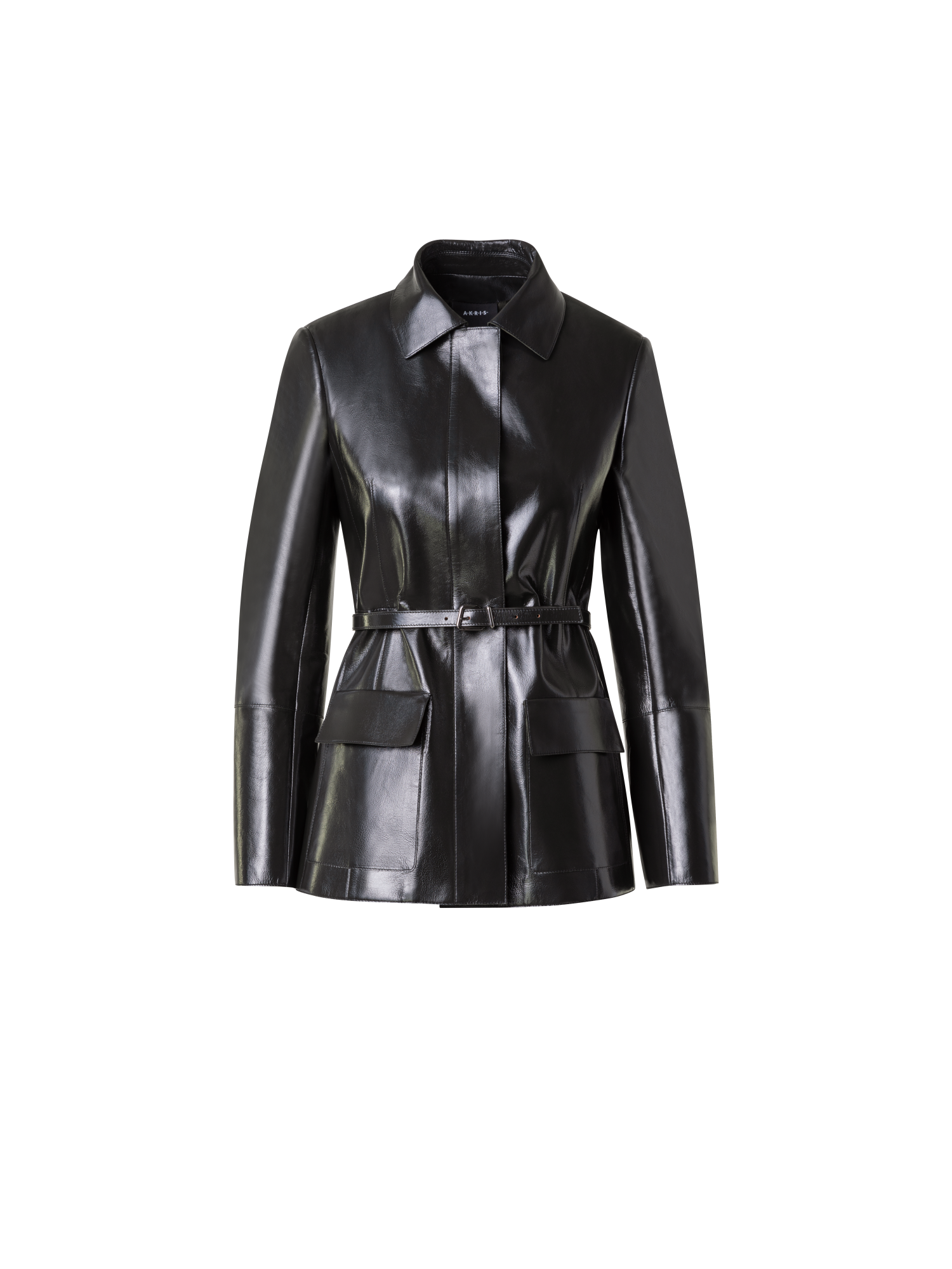 Designer Fitted Lacquer Leather Jacket with Belt - green