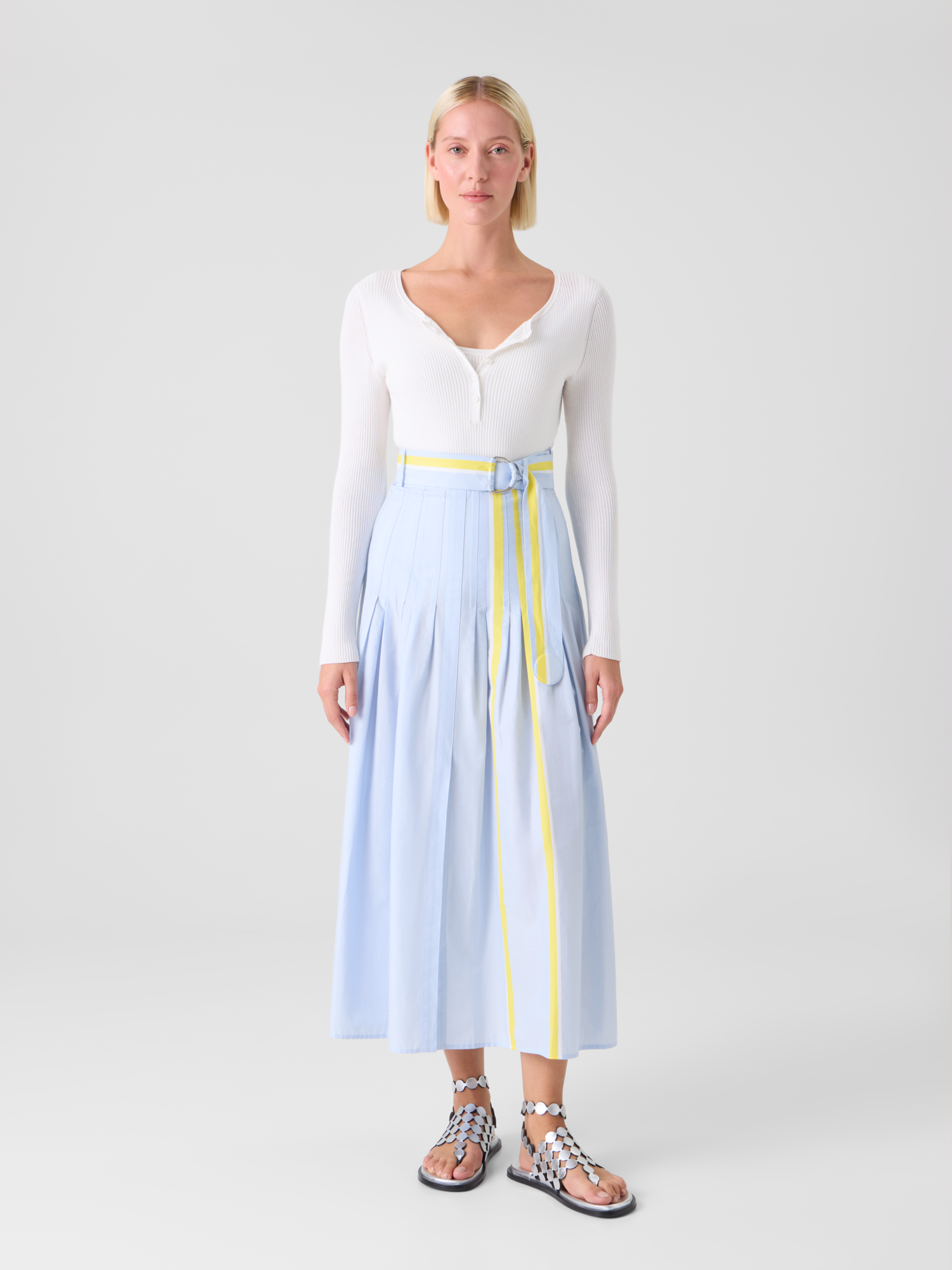 Designer Pleated Striped Cotton Chambray Midi Skirt with Belt - blue - multicolor 