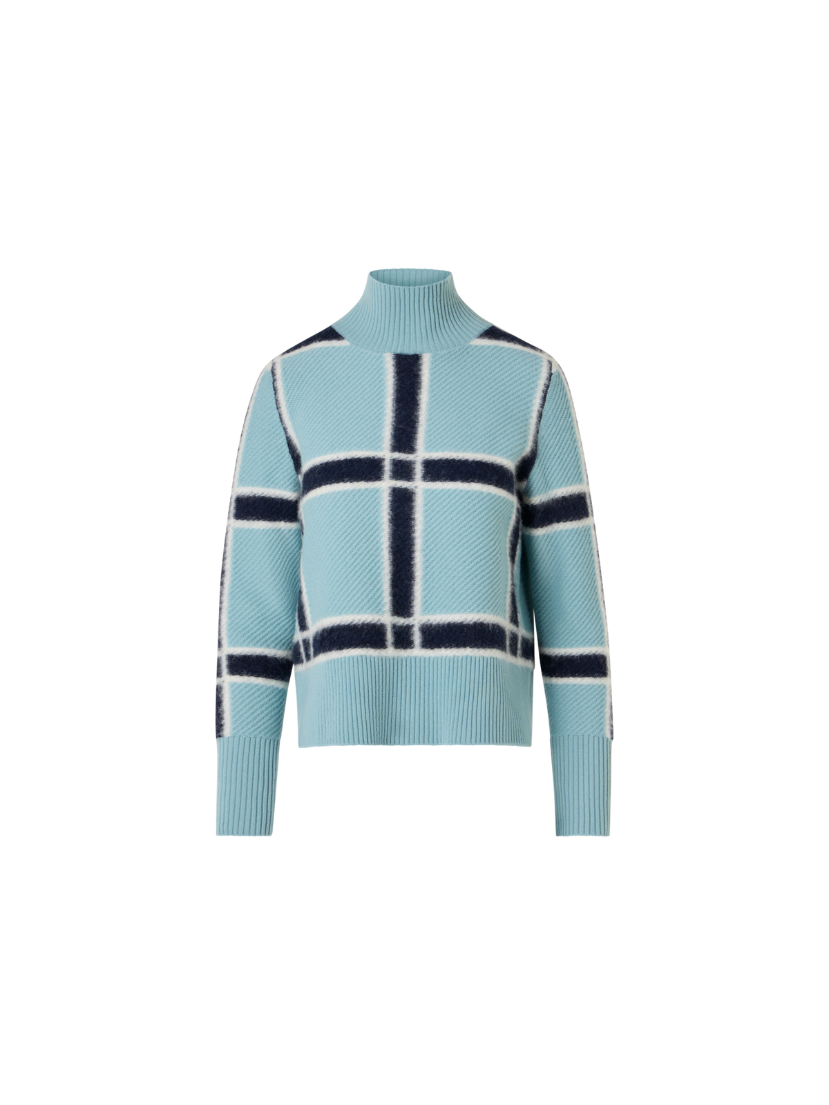 Designer Wool Cashmere Sweater with Intarsia Plaid - blue