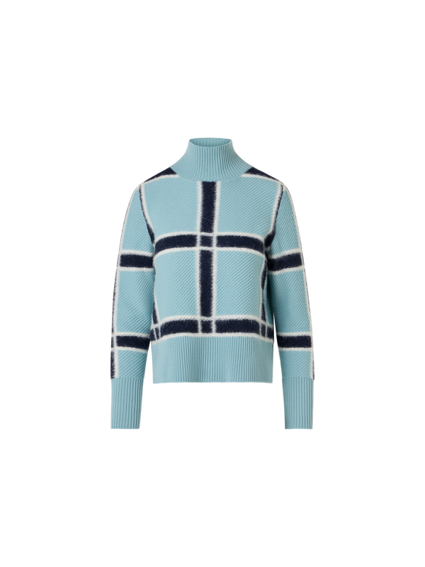 Designer Wool Cashmere Sweater with Intarsia Plaid - blue