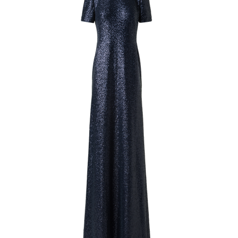 Long Sequined Evening Gown with Short Sleeves