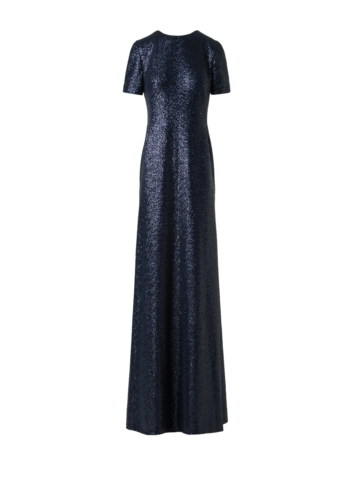 Designer Long Sequined Evening Gown with Short Sleeves - navy - blue