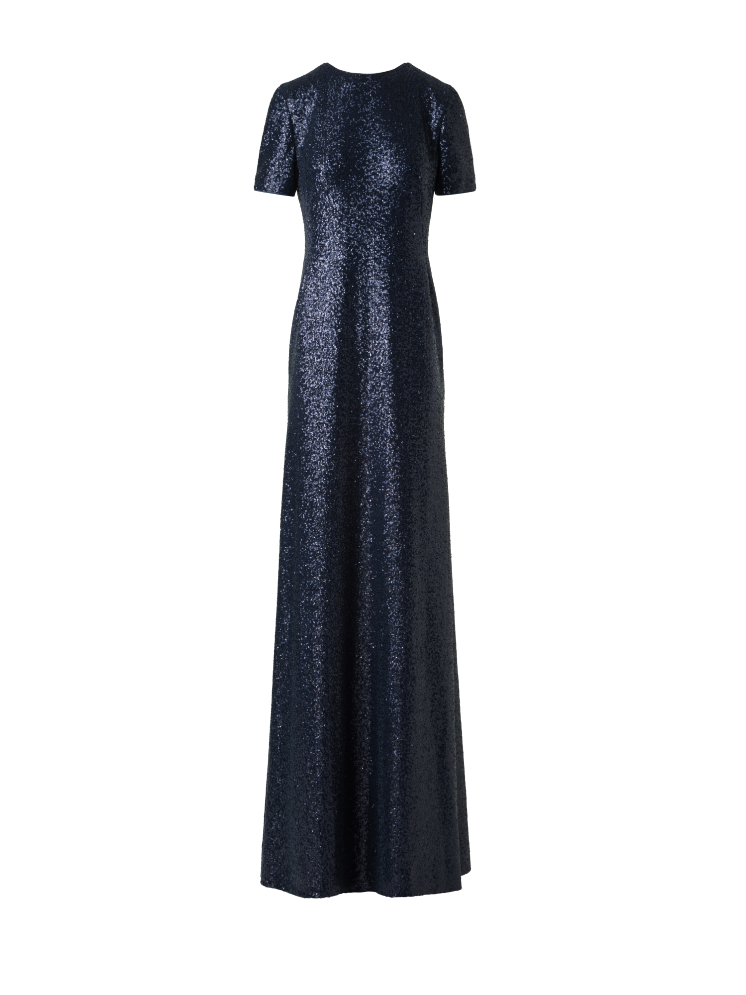 Designer Long Sequined Evening Gown with Short Sleeves - navy - blue