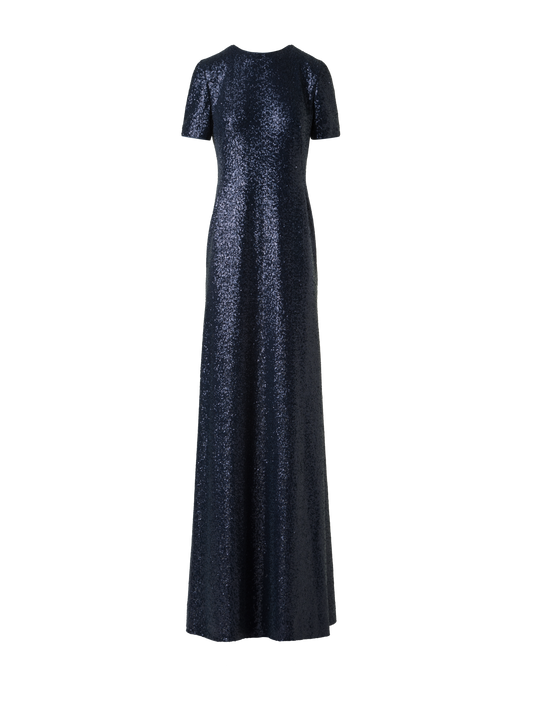 Designer Long Sequined Evening Gown with Short Sleeves - navy - blue