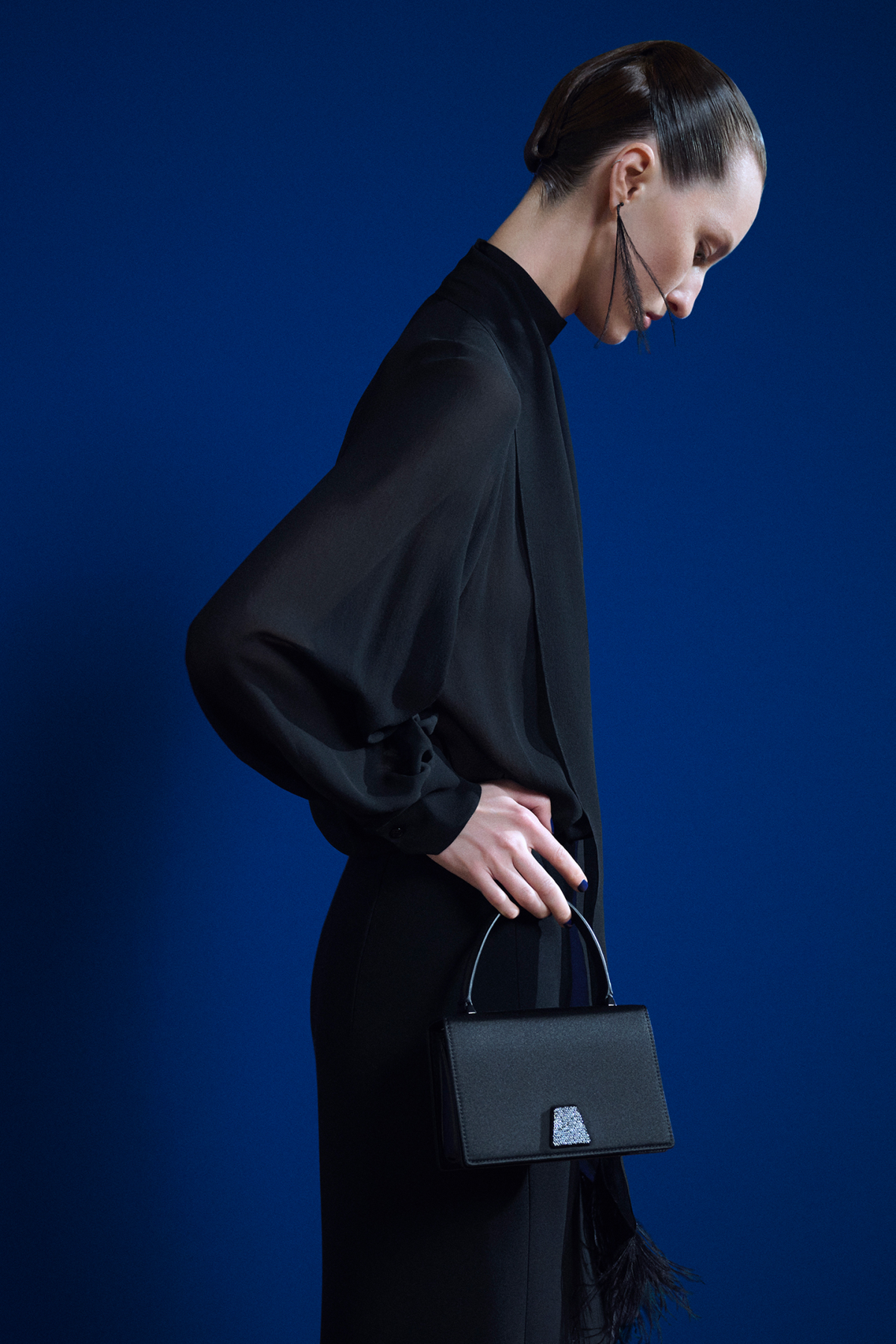 Designer Sheer Silk Tie Neck Blouse with Feather Trim - black - neutral #editorial