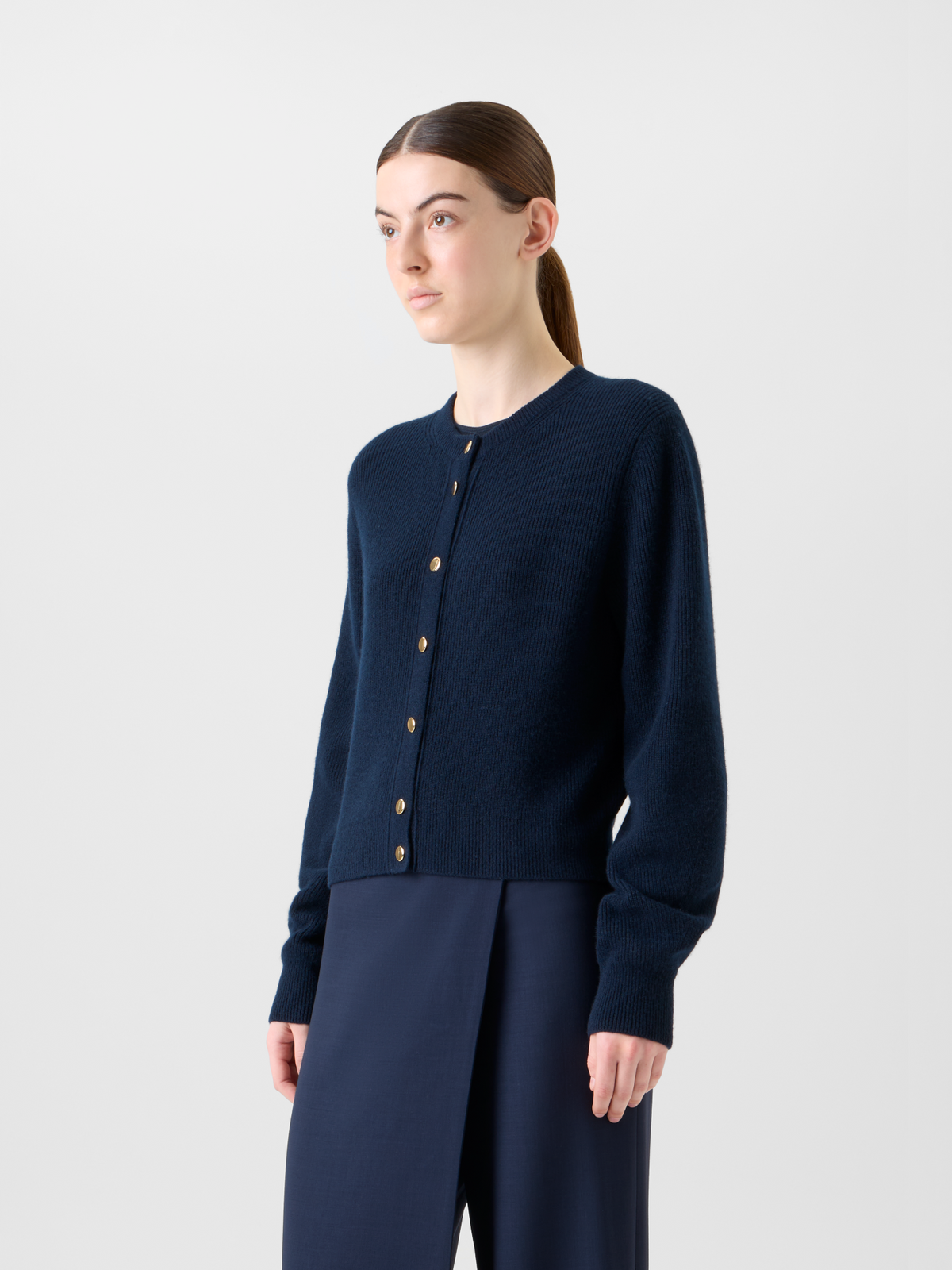 Designer Ribbed Cashmere Cardigan with Gold Buttons - neutral - navy - blue #editorial
