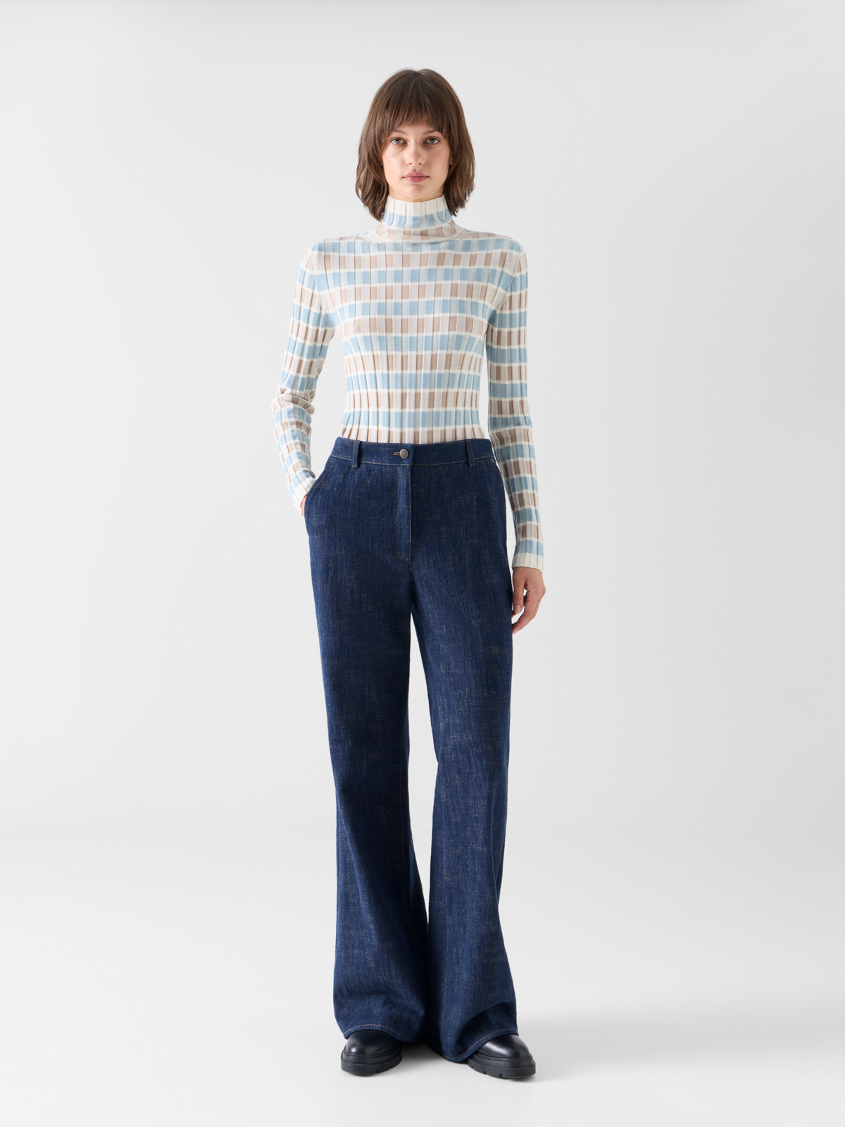 Designer Bootcut Pants in Brushed Winter Denim - navy 